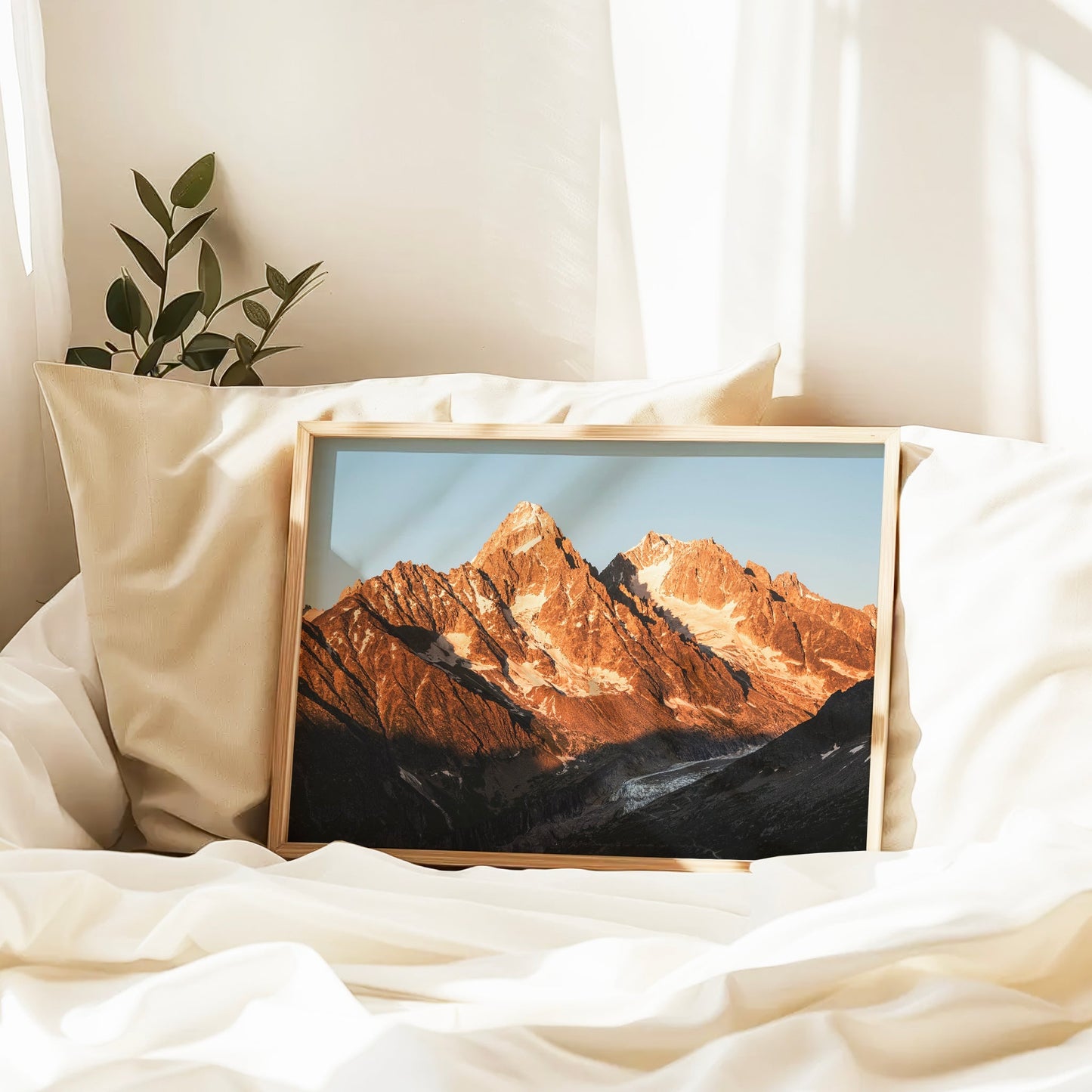 Fine art mountain photo of Aiguille du Chardonnet near Chamonix with beautiful warm tones and glacier below.