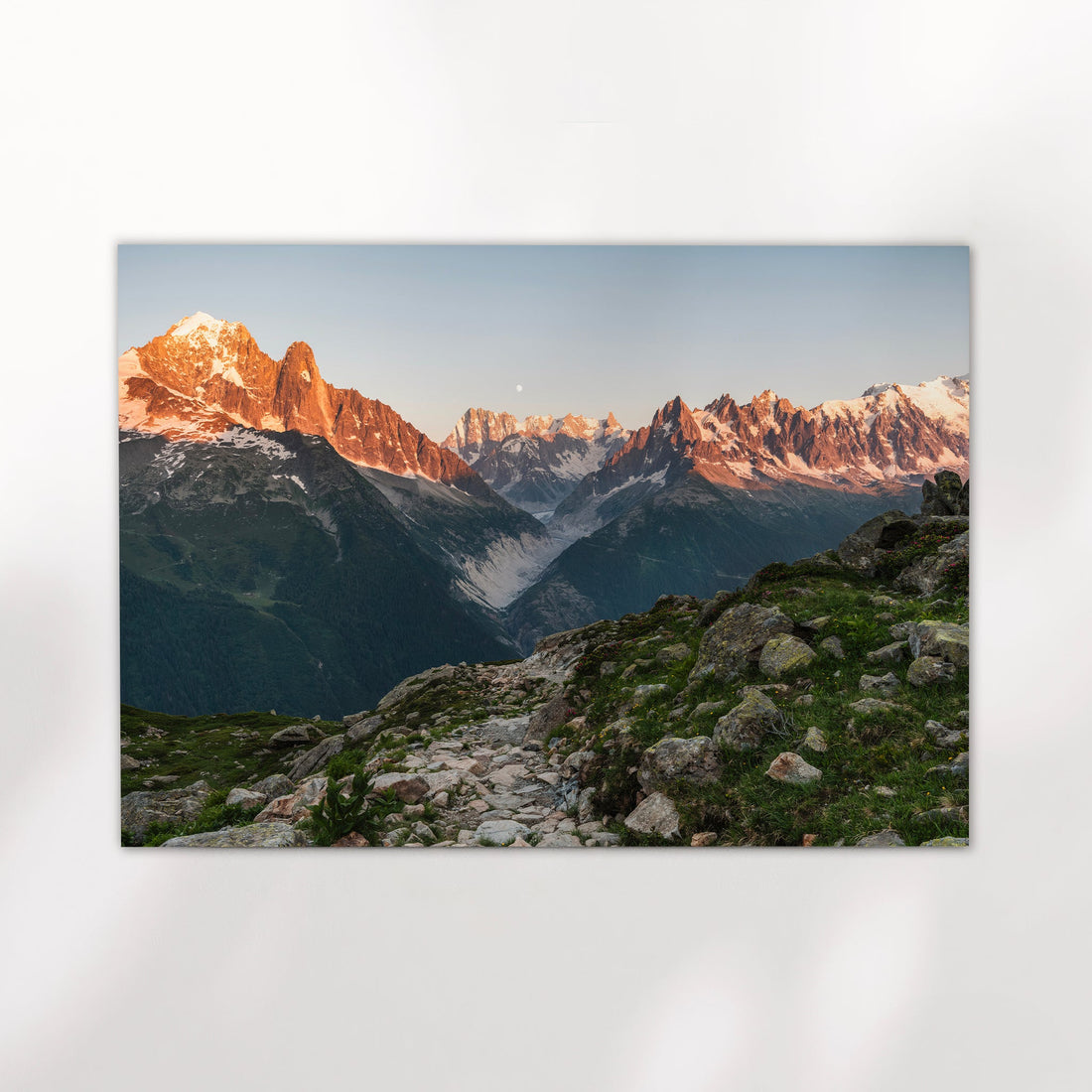 Breathtaking Chamonix Alps landscape print with jagged peaks and glacier valley view.