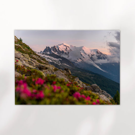 Fine art landscape print of Chamonix’s alpine terrain with Mont Blanc glowing in sunset light.