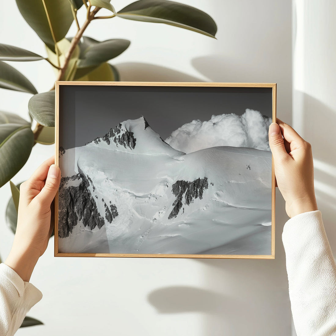 Minimalist black and white photo print of Mont Maudit near Chamonix, France, featuring sleek alpine slopes.