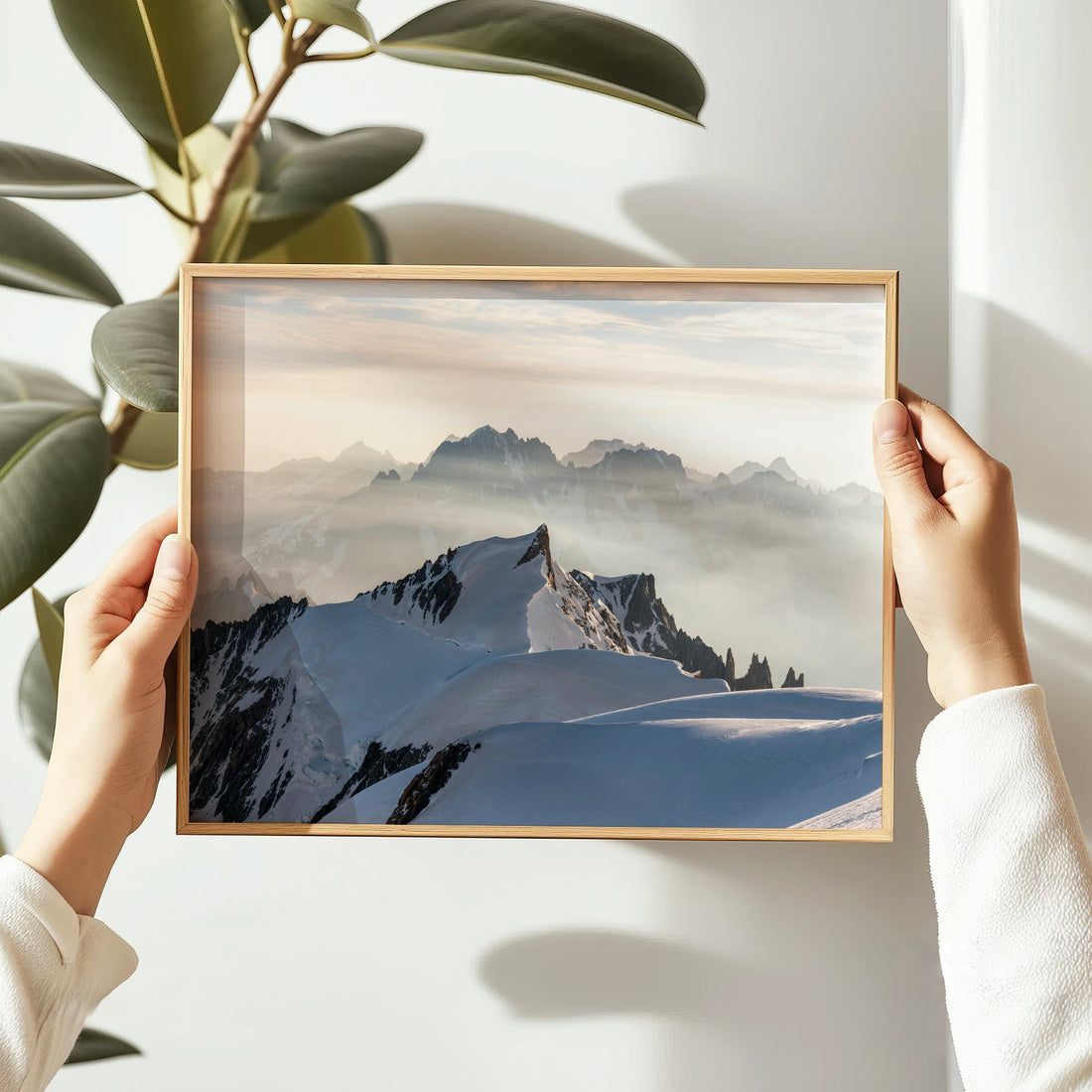 Serene Chamonix Alps wall art with Mont Maudit’s sharp ridgeline emerging through a pastel morning sky.