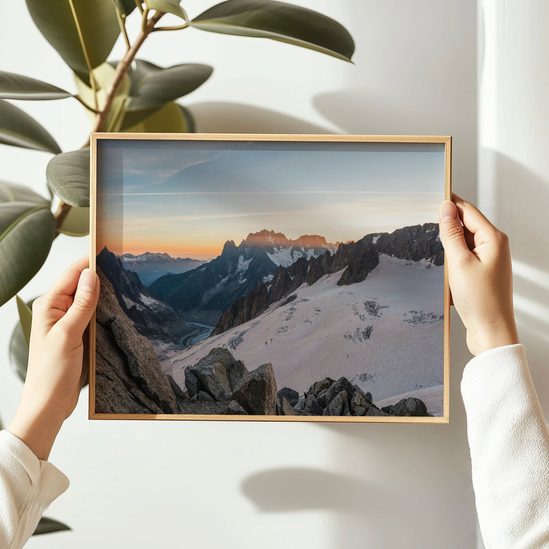 Photography print of the French Alps at sunset with Mer de Glace glacier below the towering peaks of Chamonix.