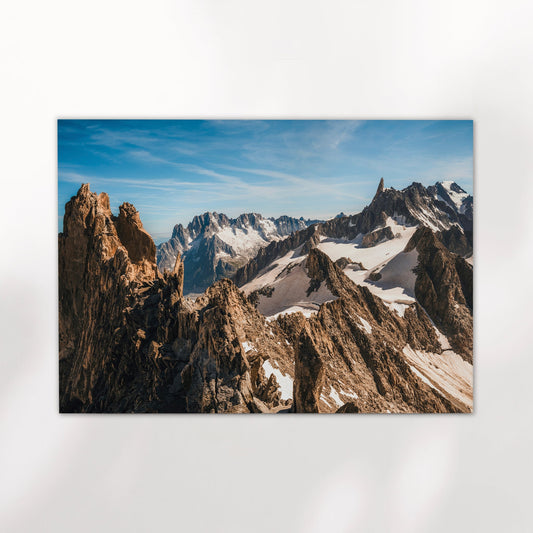 Chamonix Alps photography print showcasing the dramatic ridgelines of Aiguille d'Entrèves and Mont Blanc Massif.