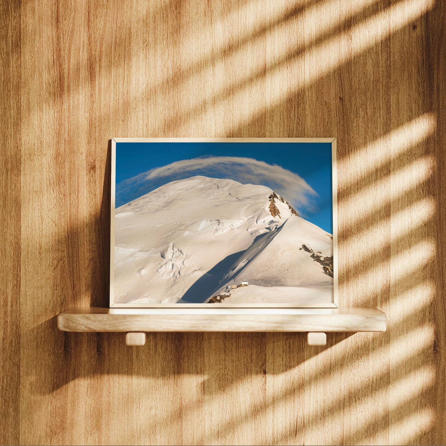 Chamonix summit route photo print featuring Mont Blanc’s glacier-covered slopes and striking natural light.