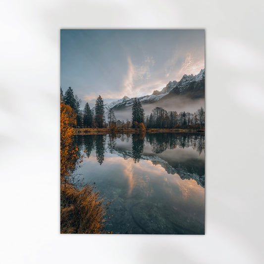 Stunning autumn lake landscape print of Lac des Gaillands in Chamonix, with golden foliage and misty peaks.