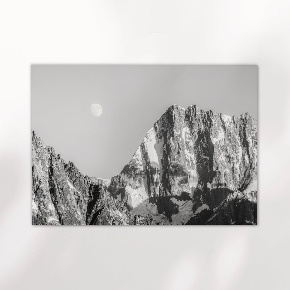 Monochrome photography print of Grandes Jorasses in the French Alps, ideal for minimalist mountain wall decor.
