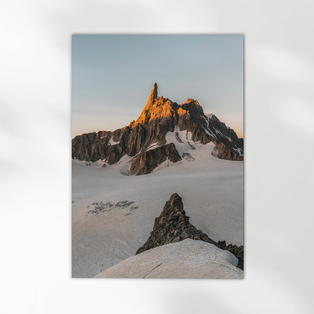 Breathtaking Chamonix photography print showcasing the iconic Dent du Géant peak at sunrise.