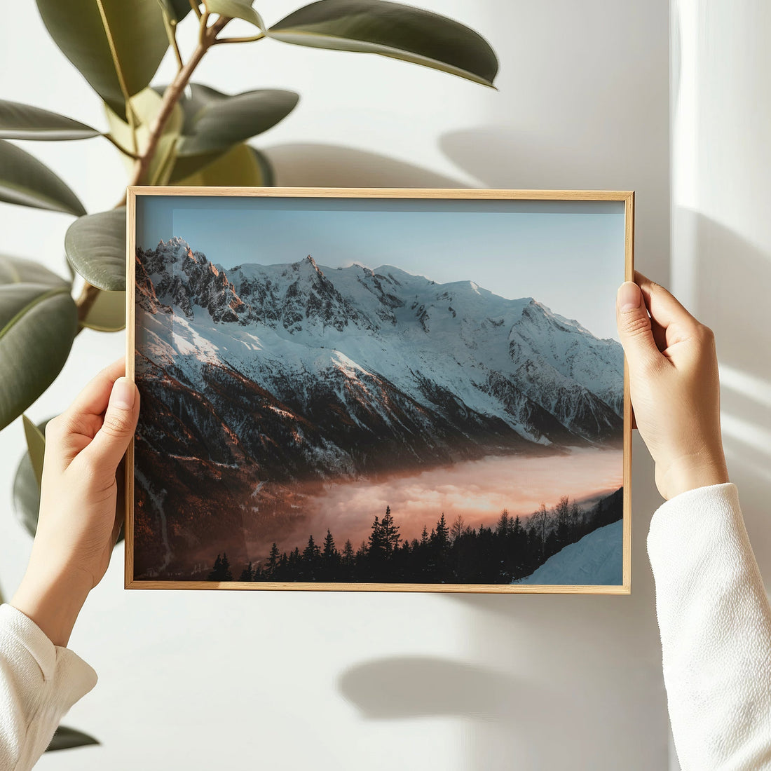 Fine art mountain print showing warm evening light hitting the Mont Blanc Massif above Chamonix valley.