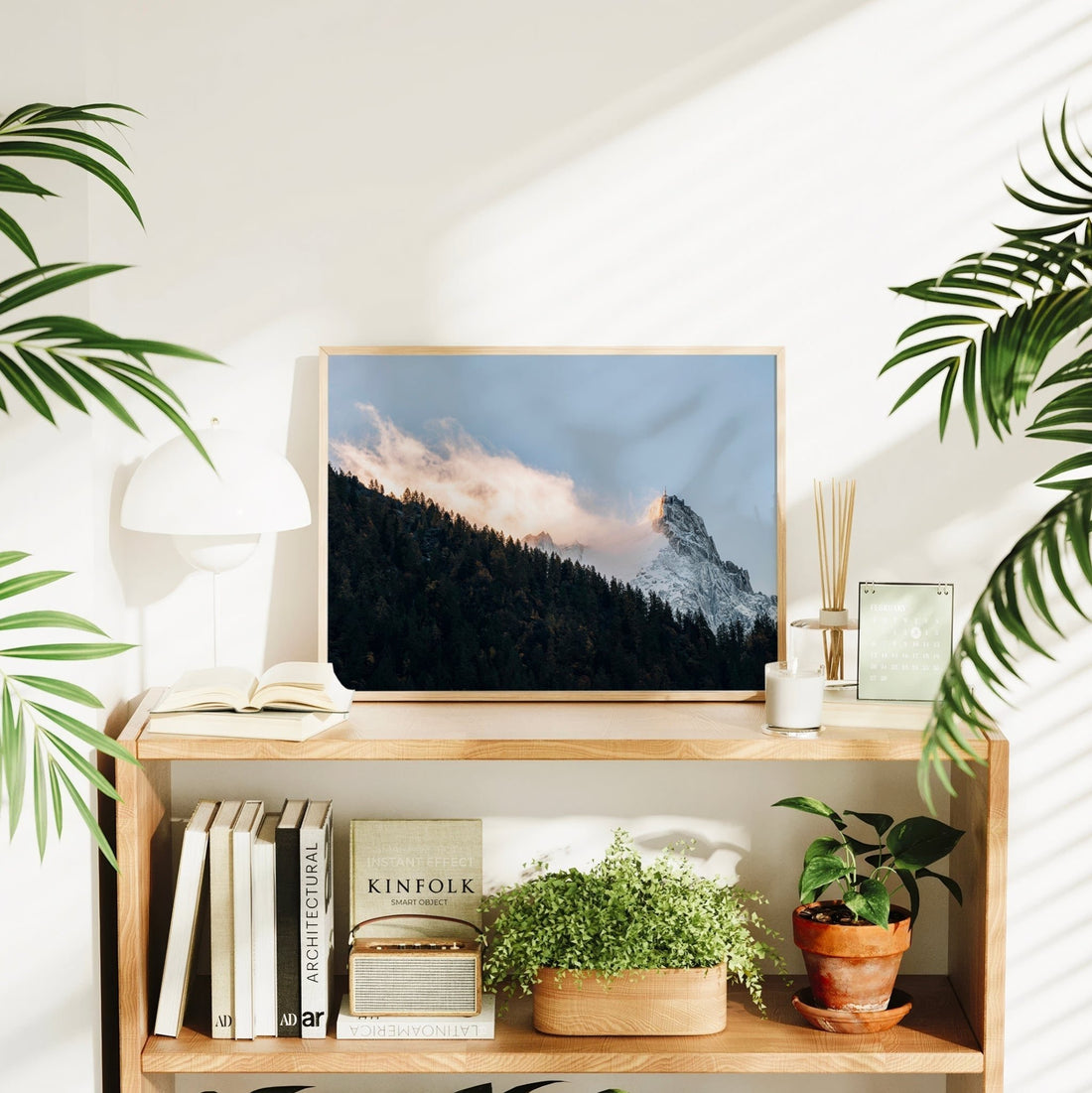 Wall art print of sunset light over pine forest and Aiguille du Midi in the French Alps near Chamonix.
