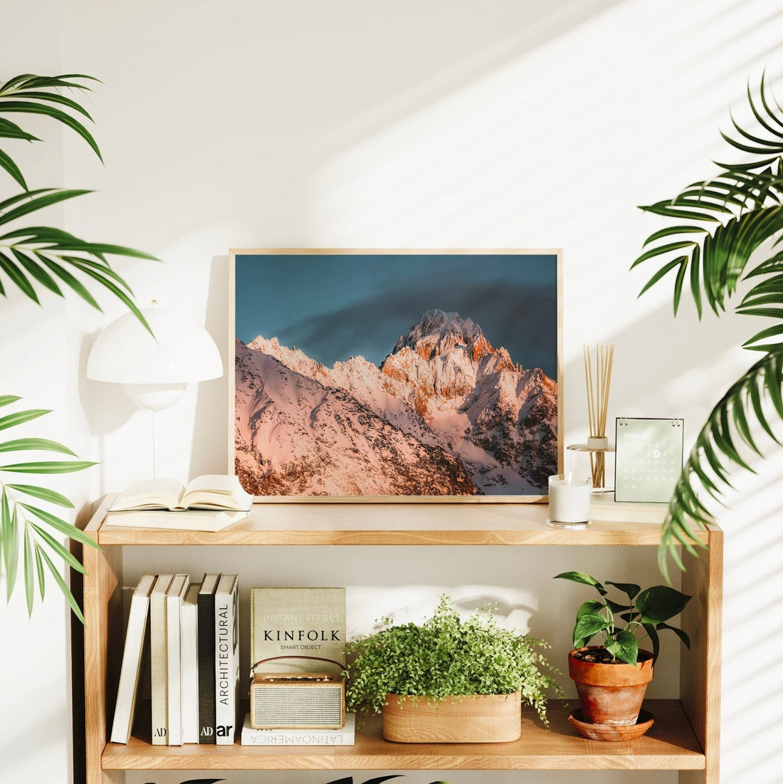 Framed mountain art print of Aiguille du Chardonnet, a snow-capped peak in Chamonix during sunset.