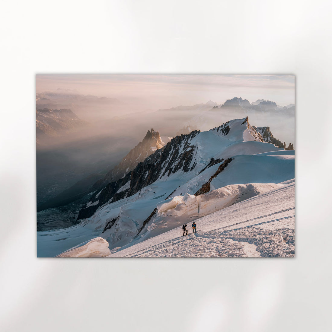 Mountaineering art print featuring climbers on a snowy glacier route in the Chamonix Mont Blanc Massif.