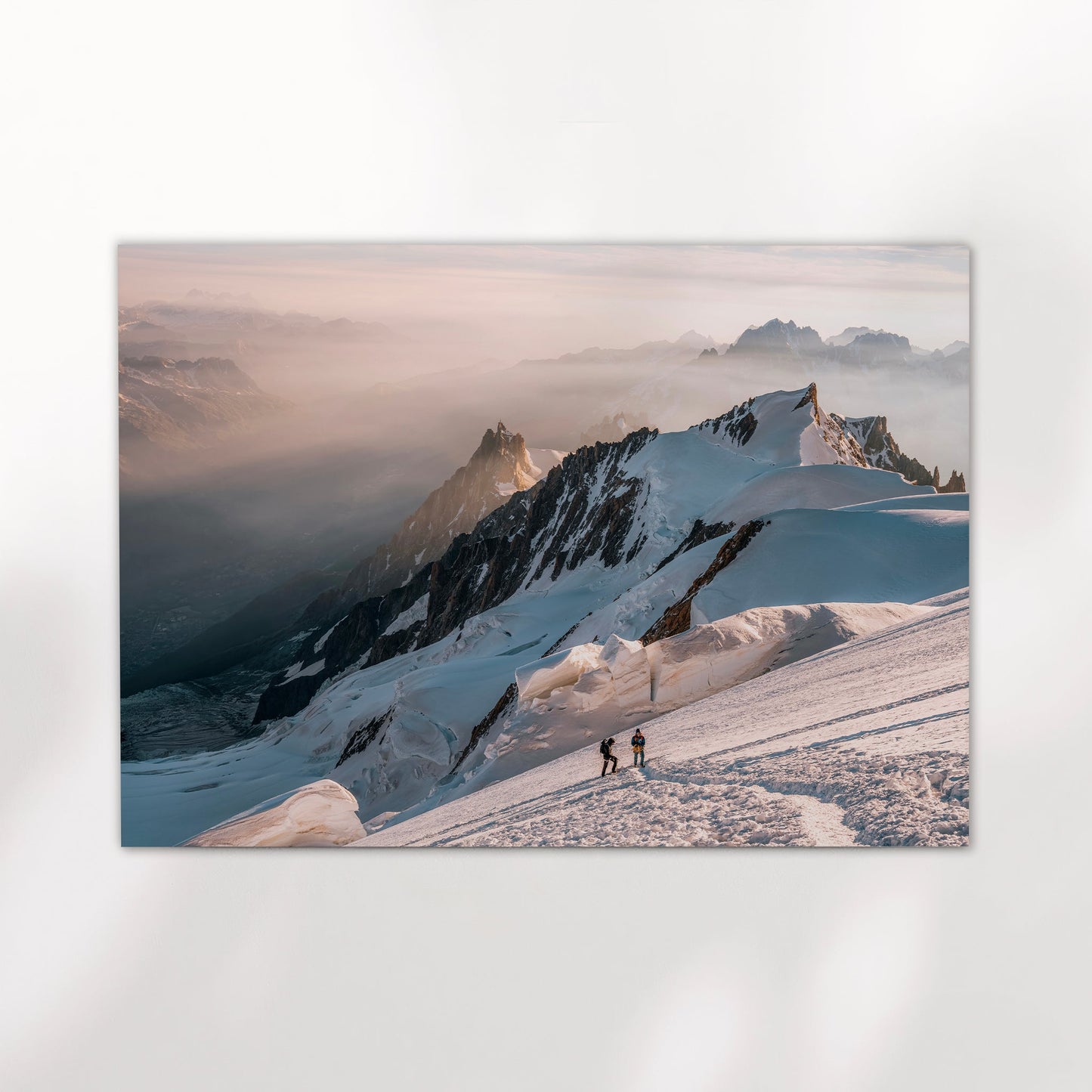 Mountaineering art print featuring climbers on a snowy glacier route in the Chamonix Mont Blanc Massif.