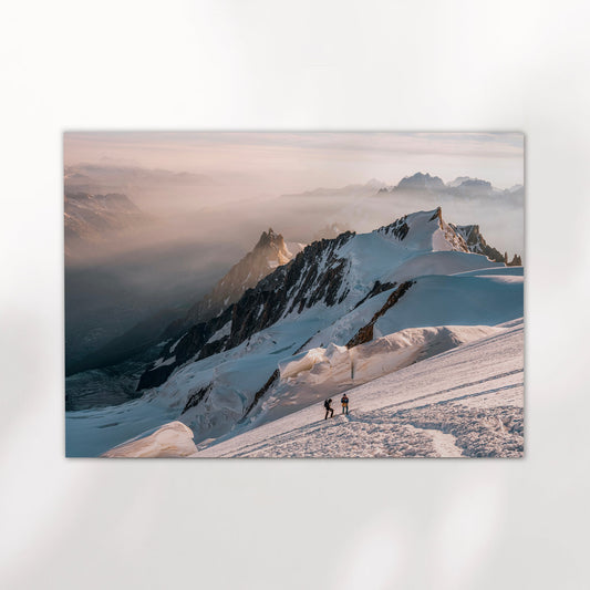 Mountaineering art print featuring climbers on a snowy glacier route in the Chamonix Mont Blanc Massif.