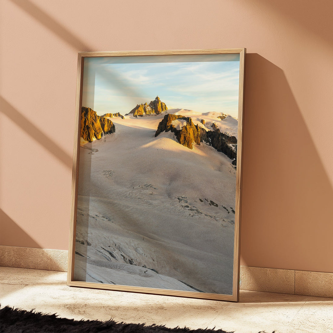 Panoramic print of a glacier near Aiguille du Midi, capturing early morning hues over the Alps.
