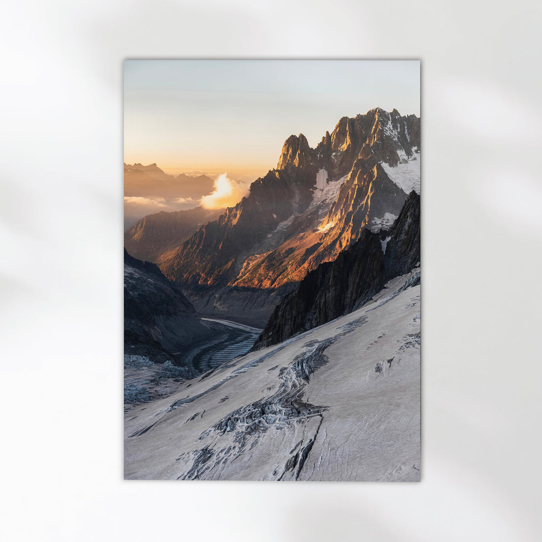 Chamonix glacier photo print featuring the breathtaking Mer de Glace at sunset, surrounded by alpine peaks.