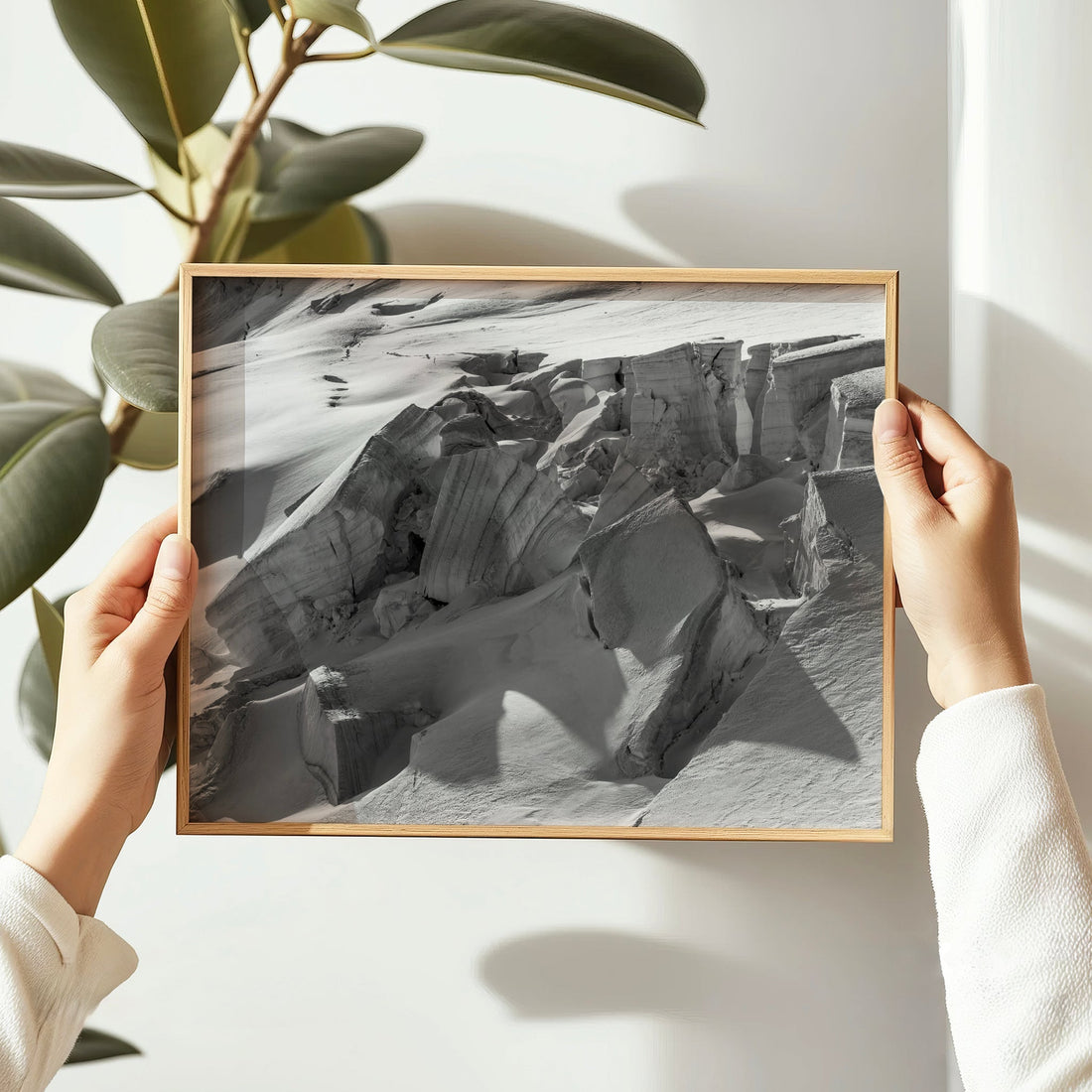 Chamonix glacier photography print capturing a frozen moment from Glacier de Taconnaz in high contrast tones.