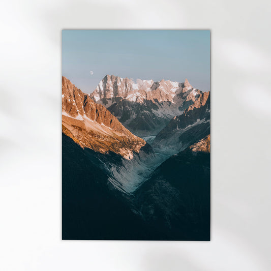 Breathtaking Chamonix glacier sunset print featuring the icy expanse of Mer de Glace with a warm evening glow.