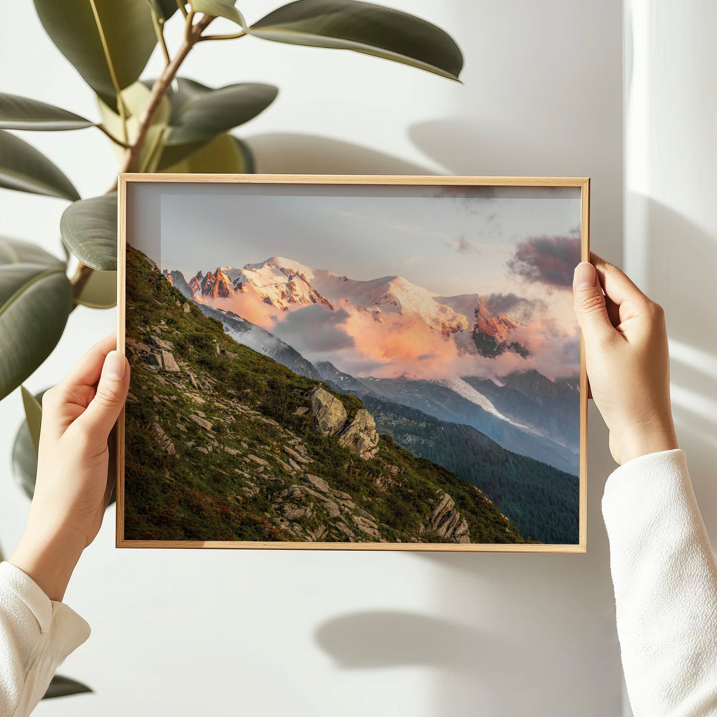 Photo print of Chamonix’s Mont Blanc glacier with sunset fog rolling across the alpine ridges.