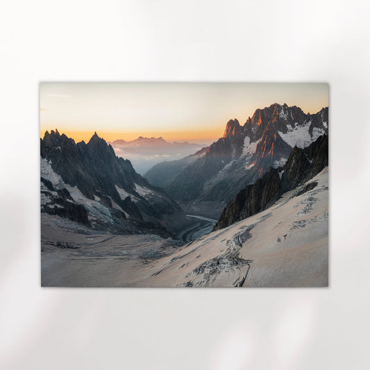 Chamonix glacier wall art print featuring a sweeping view of the Mer de Glace valley at golden hour.
