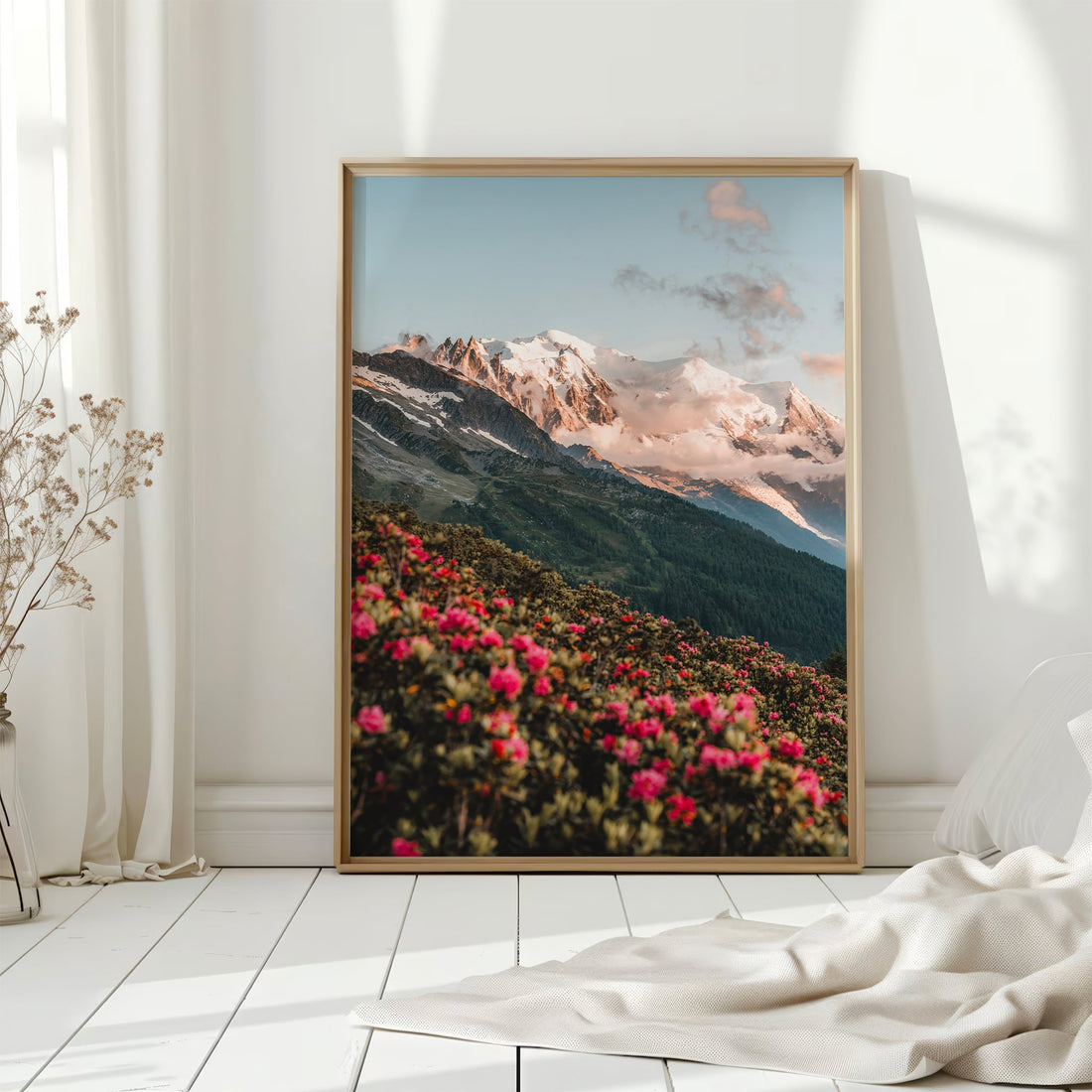 Scenic photography print of the Chamonix valley, featuring rugged alpine trails and Mont Blanc.