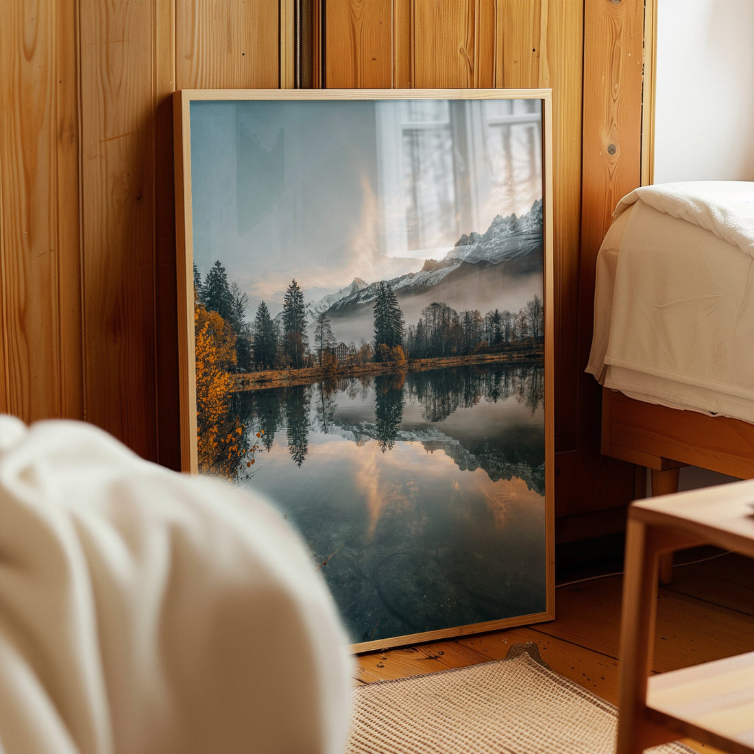 Scenic nature wall art of Lac des Gaillands, capturing a dreamy mountain lake view near Mont Blanc.