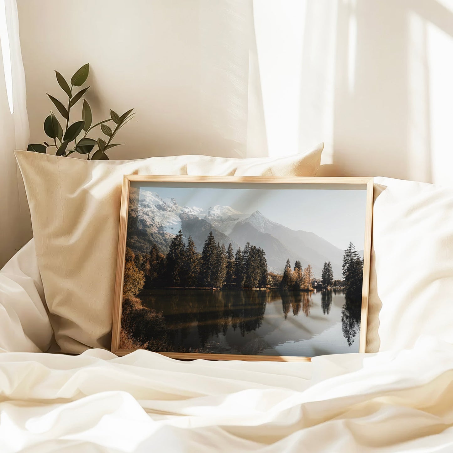 Landscape photo art of Lac des Gaillands in Chamonix, with the dramatic Mont Blanc Massif in the distance.
