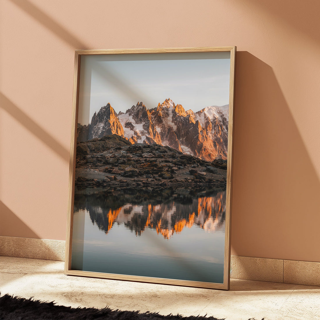 Serene Lac Blanc at sunset, reflecting Mont Blanc’s dramatic peaks. A premium fine art print for alpine enthusiasts.