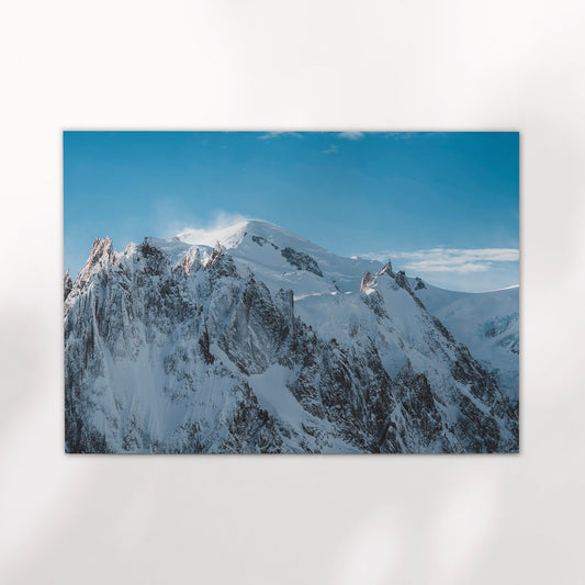 Chamonix massif photography print capturing the dramatic ridge lines of Mont Blanc at sunrise.