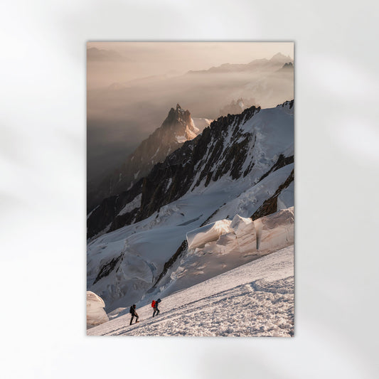 Breathtaking Mont Blanc climbing print featuring two mountaineers ascending a steep glacier.