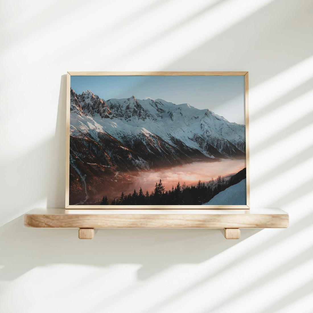 Sunset landscape print of Mont Blanc and Chamonix forest with glowing clouds in a tranquil alpine setting.