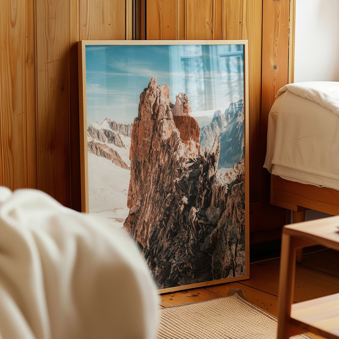 Elegant framed print of Chamonix’s Aiguille d'Entrèves, perfect for nature-inspired home decor.