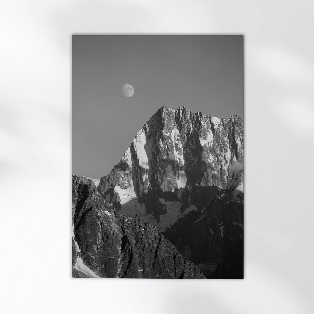 Stunning black and white Chamonix mountain print showcasing the dramatic Grandes Jorasses at dusk.