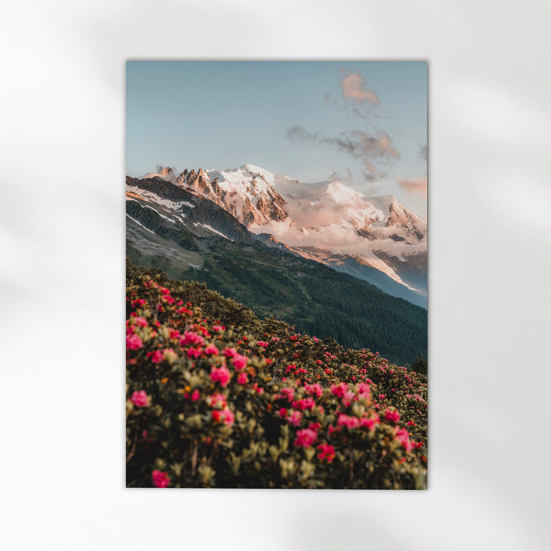 Stunning Chamonix mountain landscape print capturing Mont Blanc with a dreamy sunrise glow.