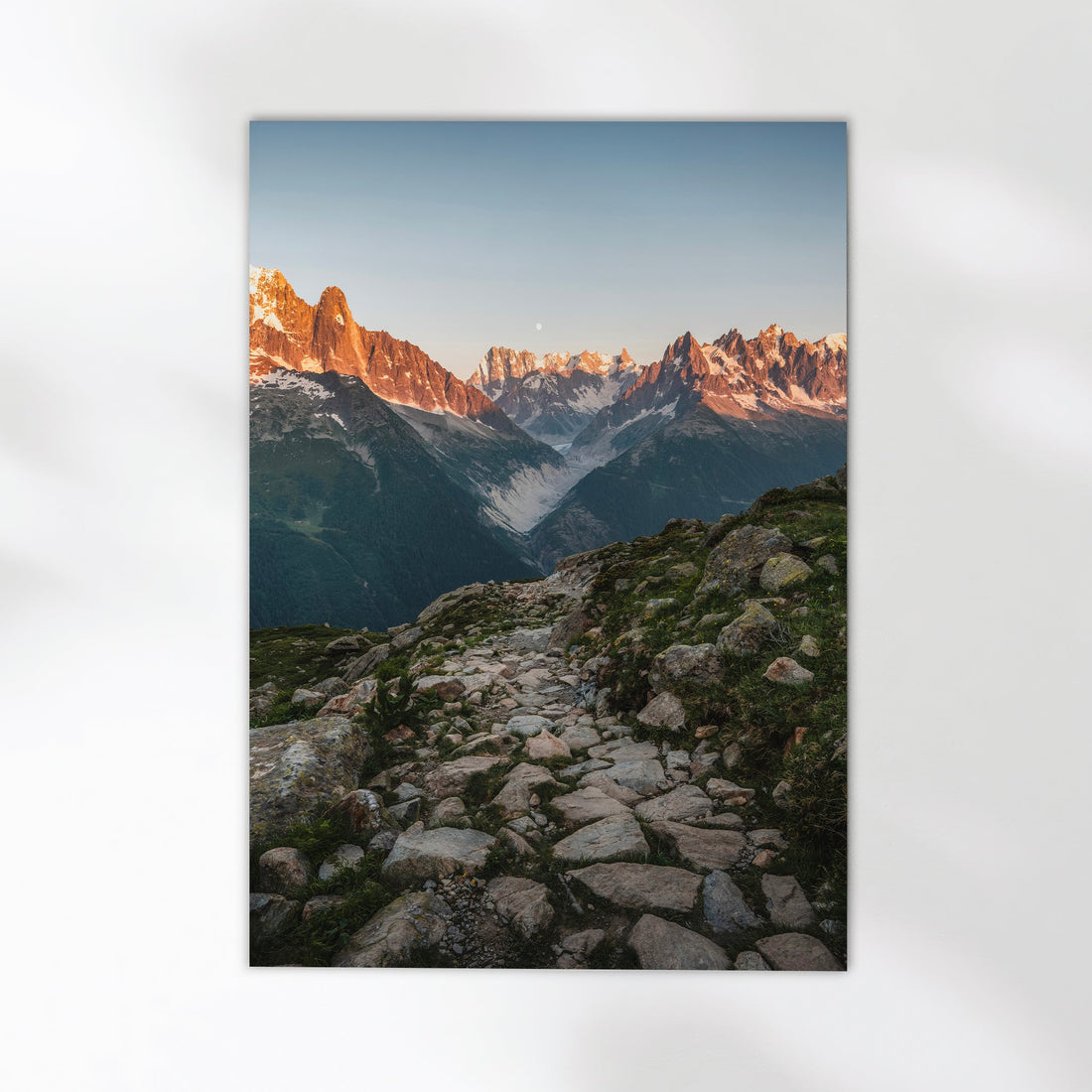 Chamonix mountain photography print showcasing a rugged alpine trail with sunset-lit peaks.