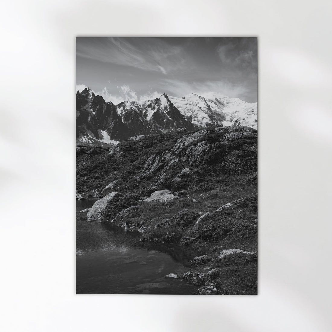 Stunning Chamonix mountain photography print showcasing Lac Flégère with Mont Blanc in the background.