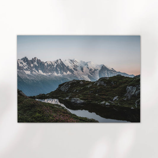 Chamonix mountain photo print capturing the dramatic peaks of the Mont Blanc Massif.