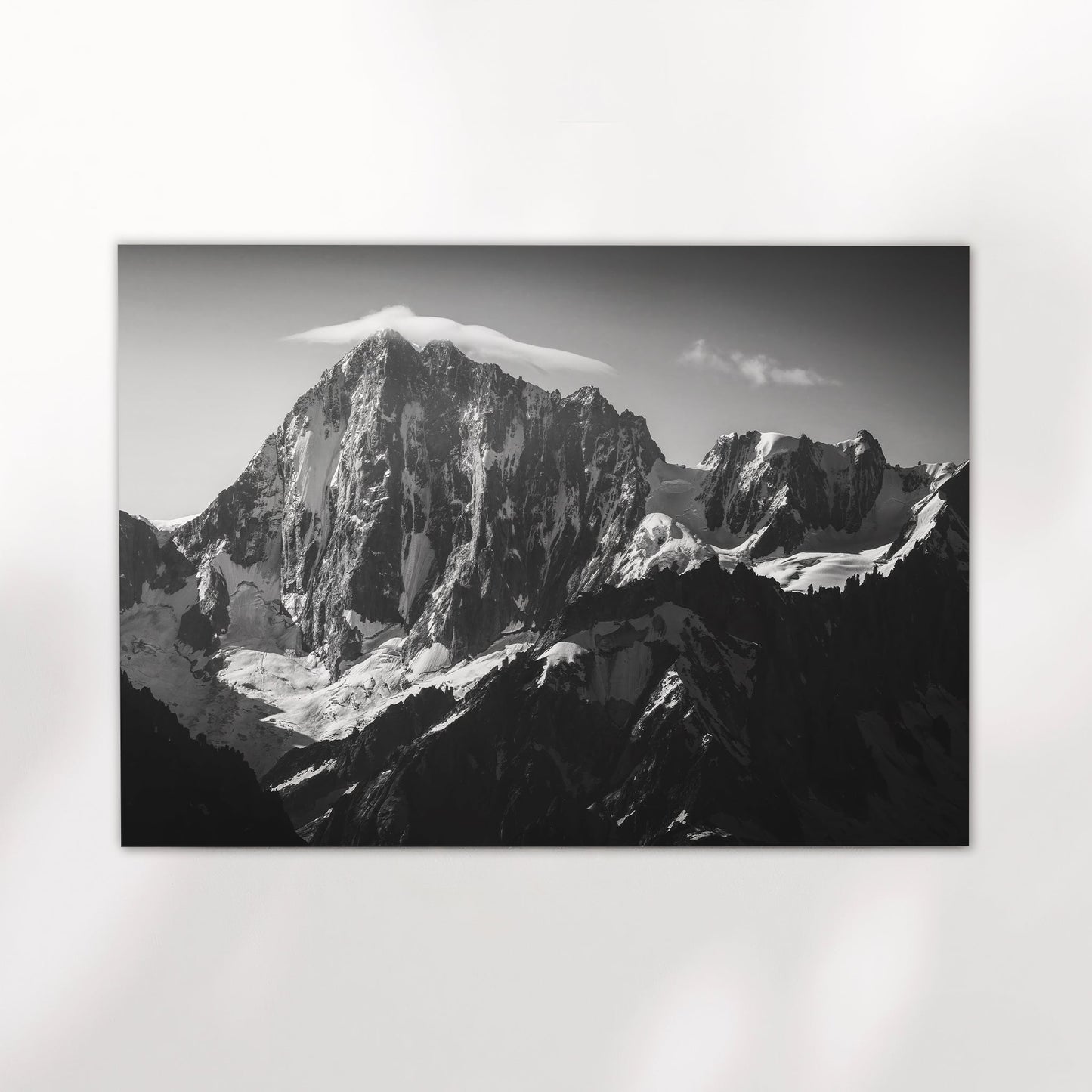 Chamonix mountain photography print showcasing a dramatic black and white view of the Grandes Jorasses massif.