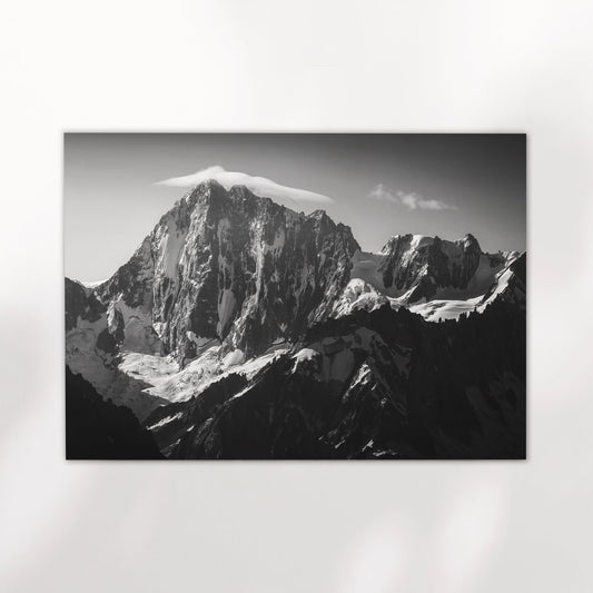 Chamonix mountain photography print showcasing a dramatic black and white view of the Grandes Jorasses massif.