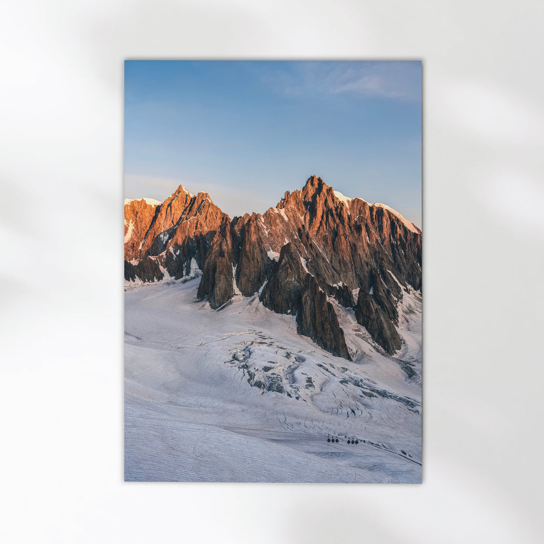 Chamonix mountain range photography print capturing the dramatic Mont Blanc du Tacul ridgeline at dusk.