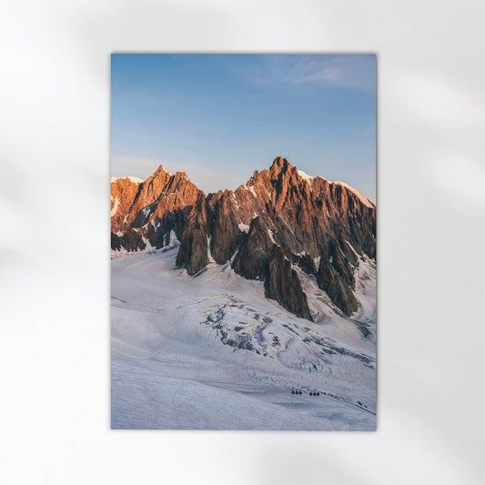 Chamonix mountain range photography print capturing the dramatic Mont Blanc du Tacul ridgeline at dusk.
