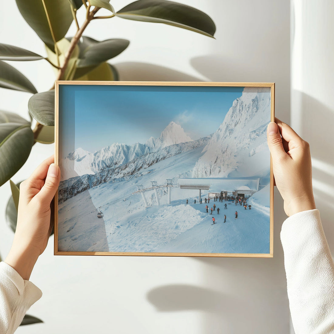 Chamonix mountain wall print showcasing skiers arriving at the Bochard lift with dramatic alpine peaks beyond.