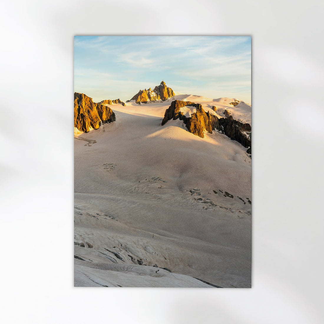 Fine art print of Chamonix’s Aiguille du Midi, showcasing sunrise over alpine ridges and glaciers.