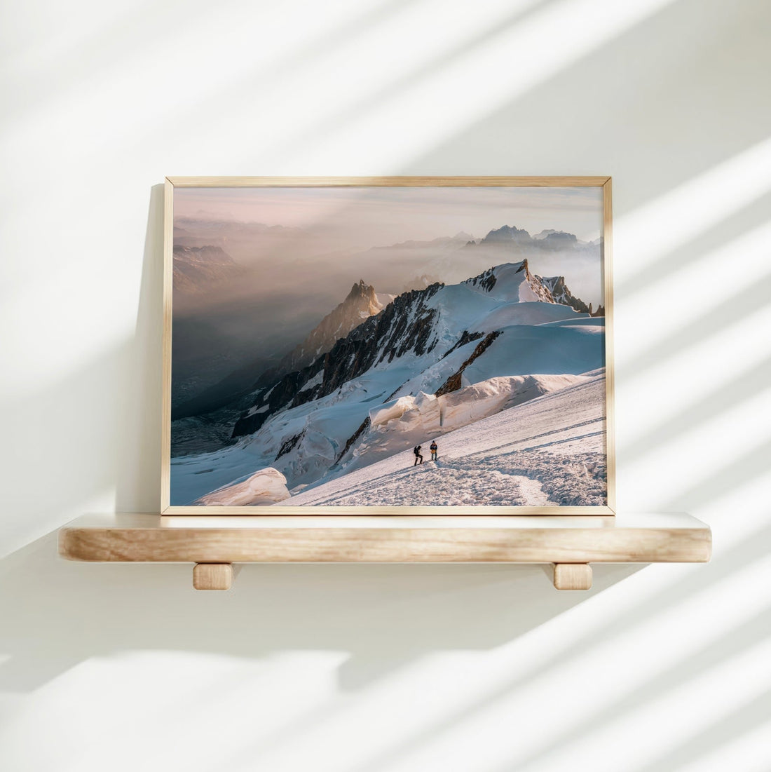 Chamonix mountaineering photo print showing early ascent across the glaciated slopes of Mont Blanc.