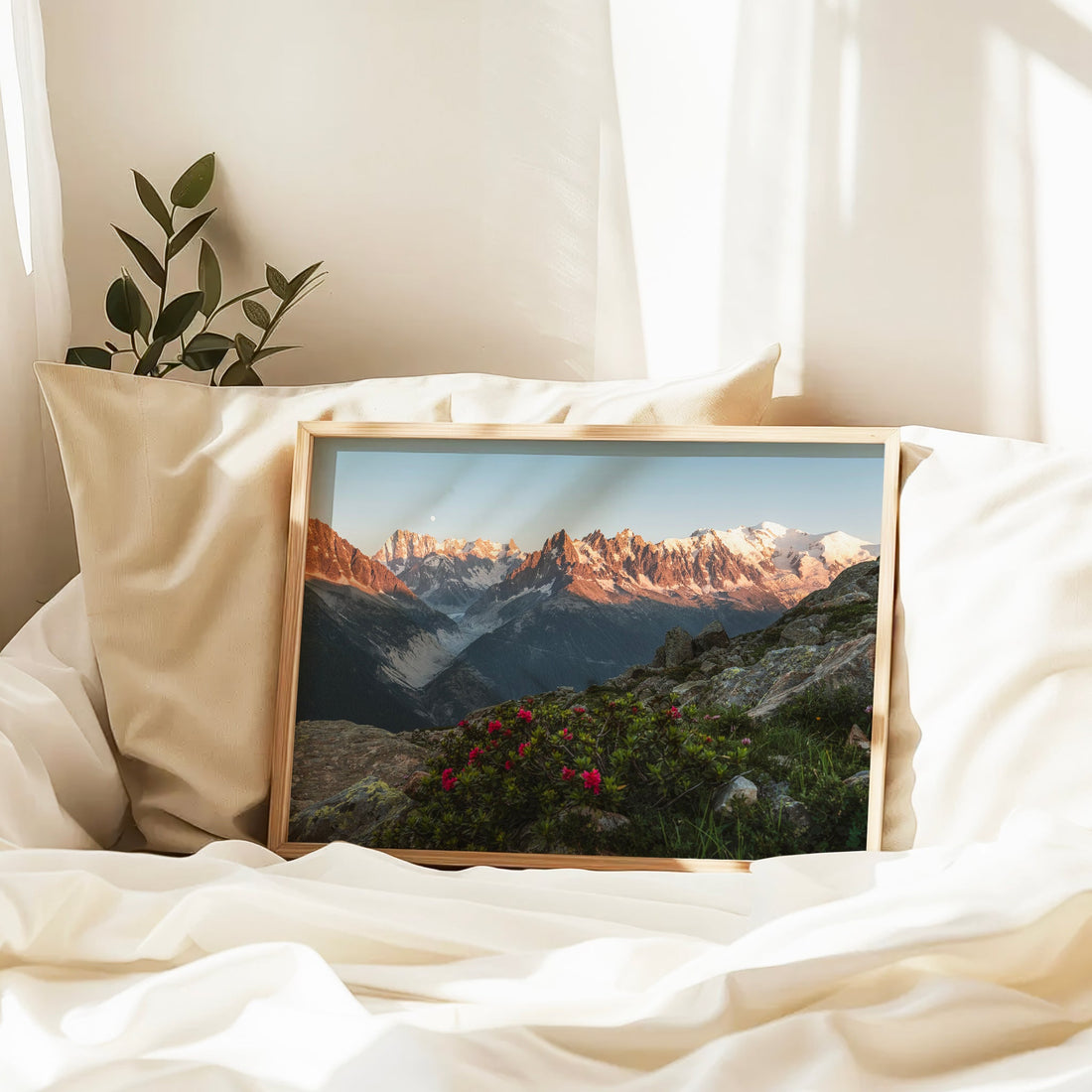 Breathtaking panoramic view of the Mont Blanc range and Chamonix Aiguilles in this premium wall art.