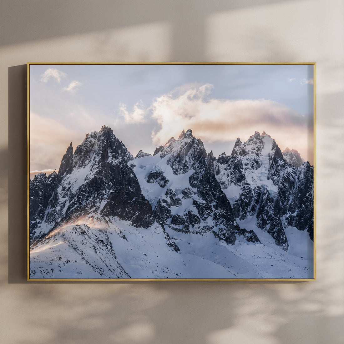 Chamonix peaks at sunset with soft light on snowy ridges, fine art mountain print
