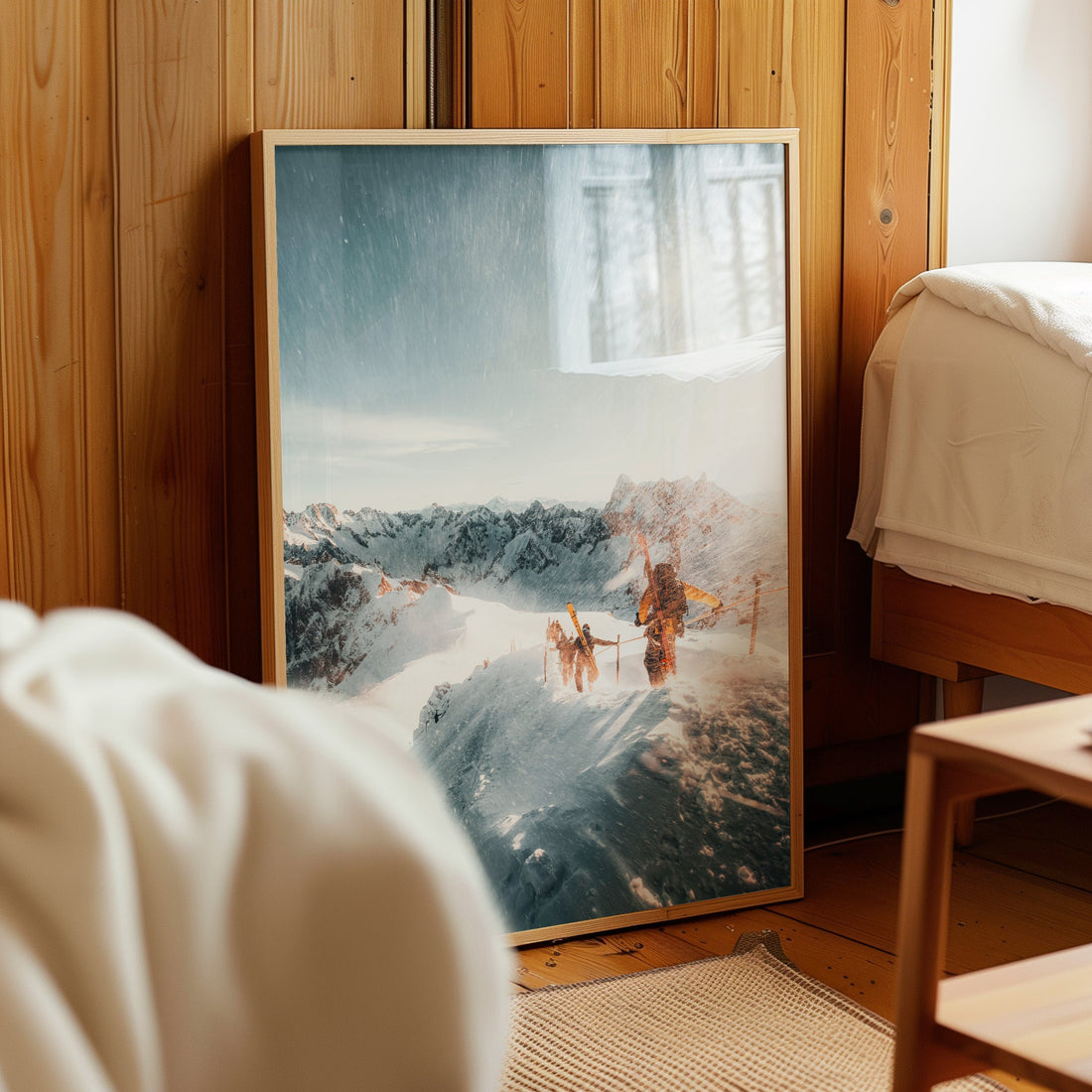 Chamonix ski tour wall art capturing a snowstorm over the legendary Vallee Blanche.