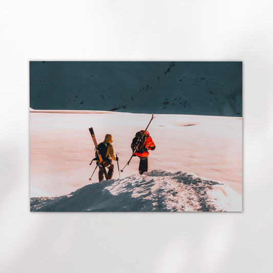 Chamonix wall art print featuring two ski tourers crossing a high alpine ridge on the Aiguille du Midi.