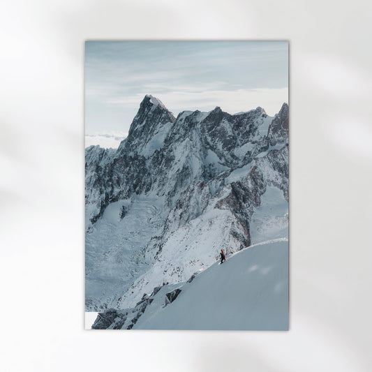 Captivating Chamonix skiing photography print capturing a skier navigating the breathtaking Midi Arete.