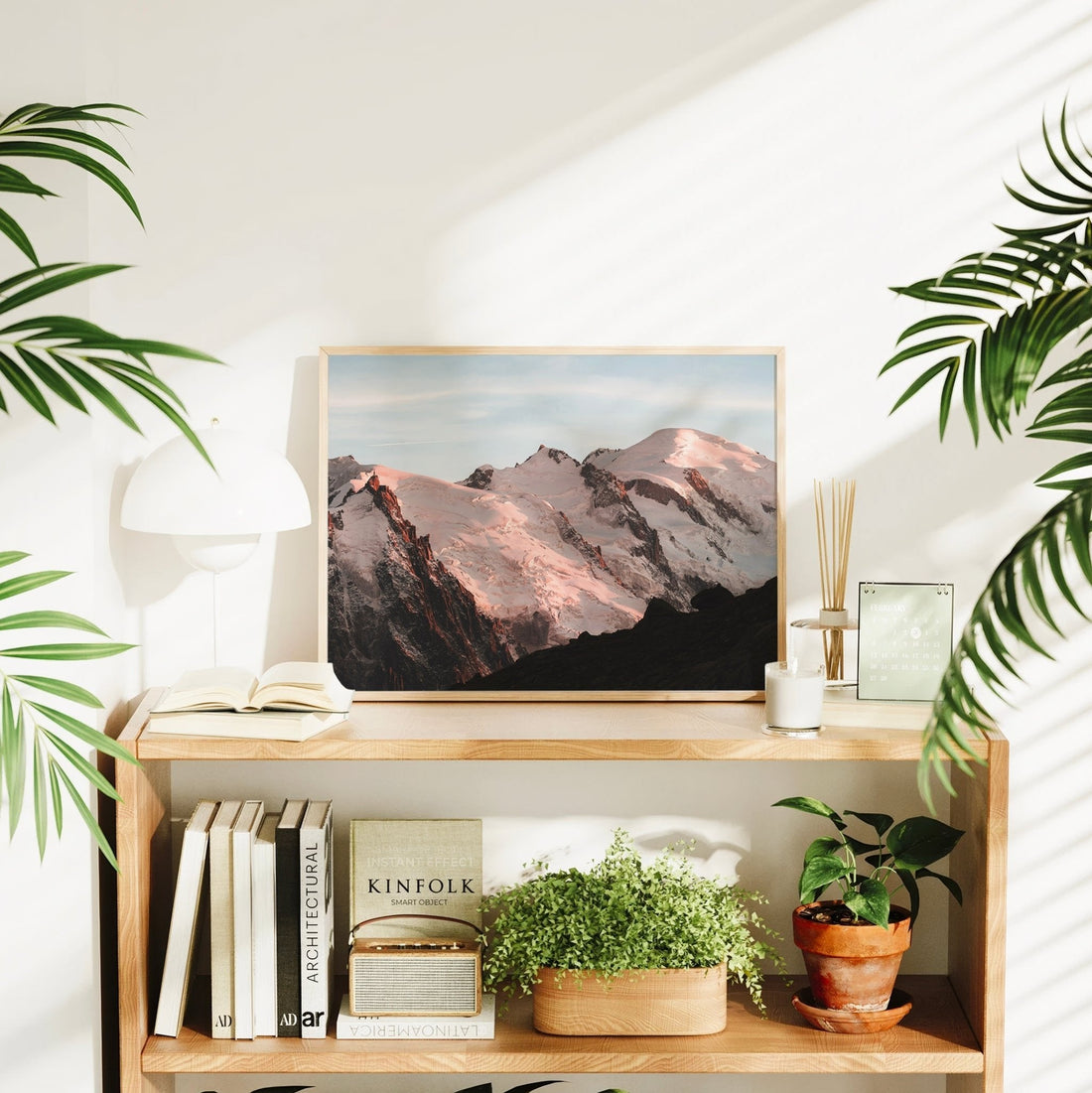 Summit view of Mont Blanc Massif during golden hour, captured in this moody and minimalist art print.