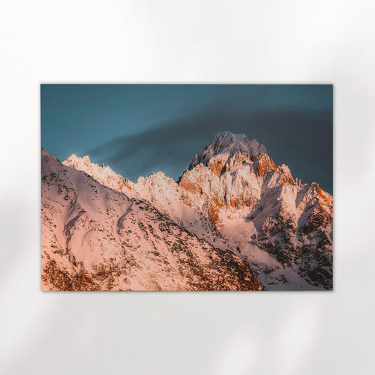 Sunset mountain print of the French Alps featuring Aiguille du Chardonnet from Chamonix in warm alpine light.